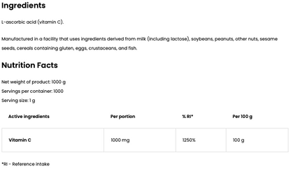 Vitamine C Poeder 1000 g, 1000 mg per Dosering - Vegan