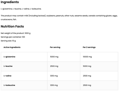 BCAA + Glutamine 1000 g – 5000 mg BCAA 2:1:1 + 5000 mg Glutamine, 100 Porties | OstroVit