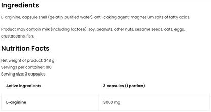 OstroVit Arginine 3000 mg – 300 Capsules | 100 Porties L-Arginine