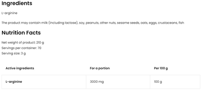 Arginin – 210 g pulver, 3 g L-arginin pr. portion (70 portioner) | OstroVit