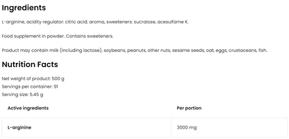 Arginine – 500 g poeder, 3 g L‑arginine per portie | OstroVit