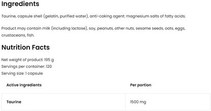 Taurin 1500 mg – 120 Kapseln, 1 pro Tag | OstroVit