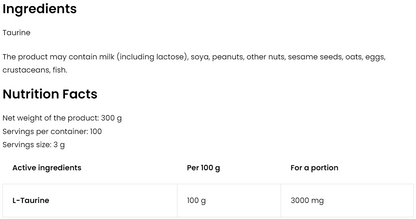 Taurine – 300 g poeder, 3 g per portie, 100 porties | OstroVit
