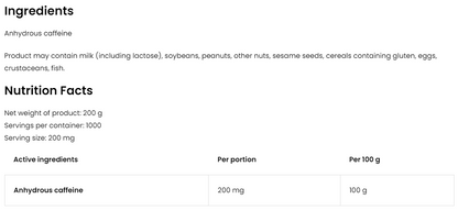 Caffeine Powder – 200 g, 200 mg per portie | OstroVit