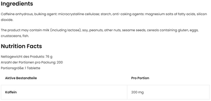 Koffein VEGE – 200 mg pro Tablette, 200 Tabletten | OstroVit 