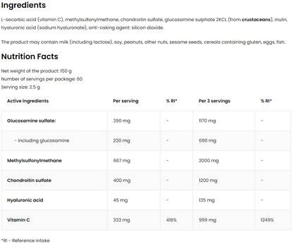 Glucosamine + MSM + Chondroitin – 150 g poeder, met hyaluronzuur + vitamine C | OstroVit