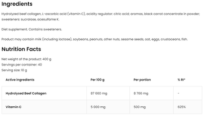 Collagen + Vitamin C – 400 g, Zwarte bes, 8 700 mg collageen | OstroVit