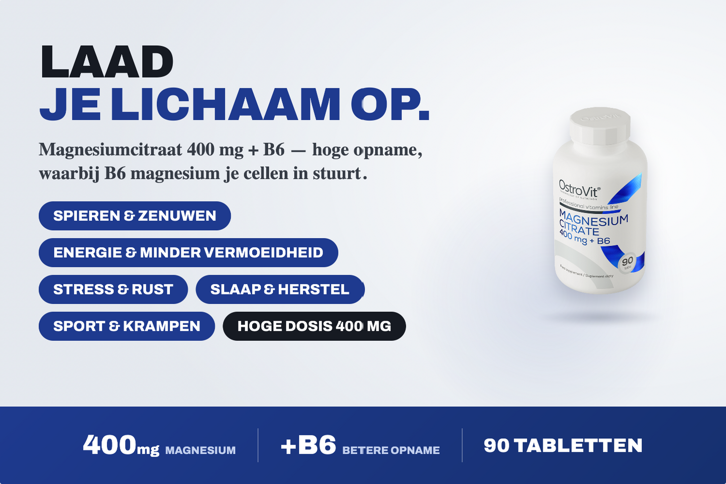 Magnesium Citraat 400 mg + B6 – 90 Tabletten, 30 Dagen Voorraad | OstroVit