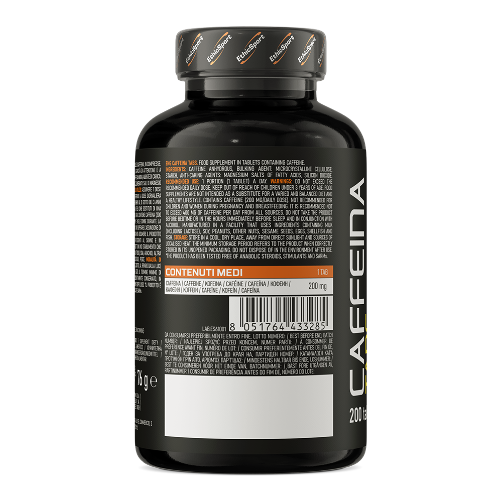 Cafeïne 200 mg 200 Tabletten, Gluten Vrij, Vegan - 200 Doseringen