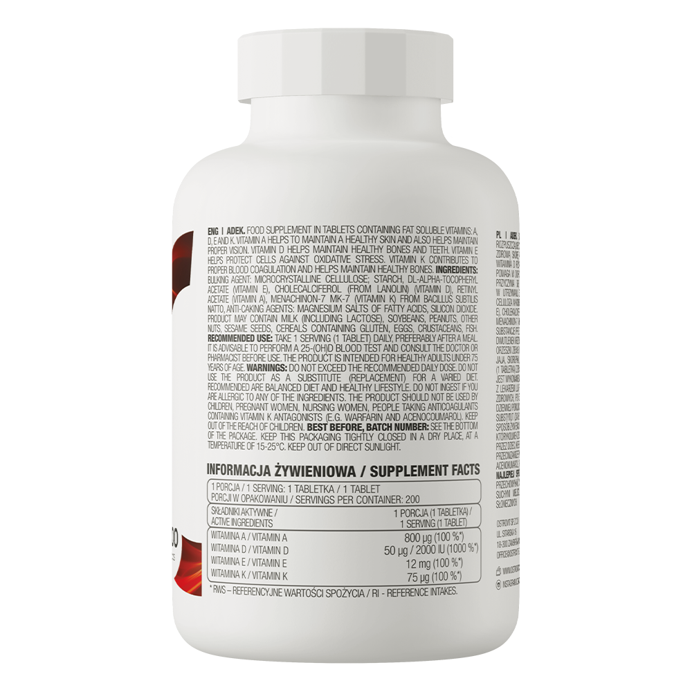 ADEK – 200 tabletten, Vitamines A, D3, E & K2 | OstroVit
