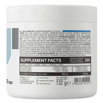 Beta‑Alanine 2400 mg – 150 vegan capsules, 800 mg per capsule | OstroVit