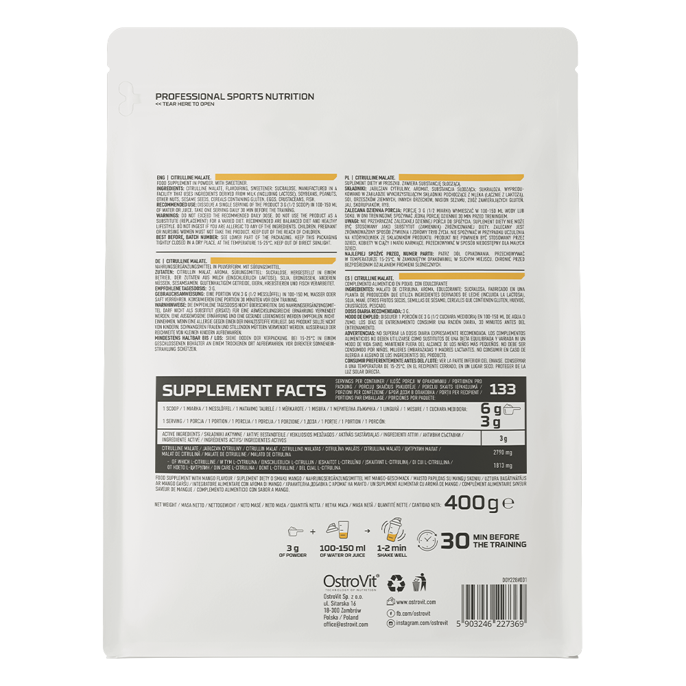 Citrulline – 400 g Mango, 2 790 mg citrulline‑malaat | OstroVit