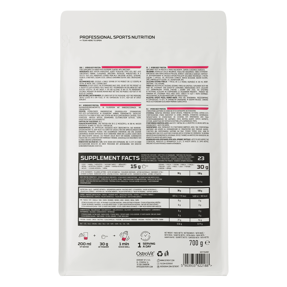 Hydro Beef Protein Framboos 700 g, 29 g Eiwit per Portie | OstroVit
