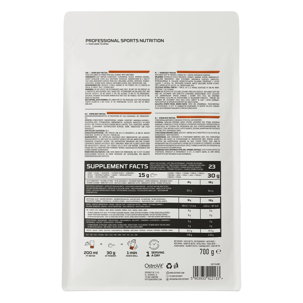 Hydro Beef Protein Cola 700 g, 29,9 g Eiwit per Portie | OstroVit