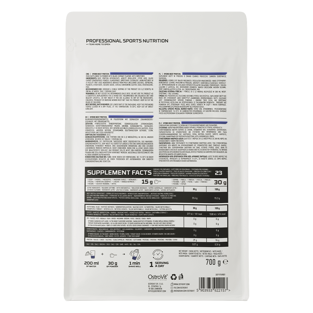 Hydro Beef Protein Zwarte Bes 700 g, Rundereiwit-hydrolysaat