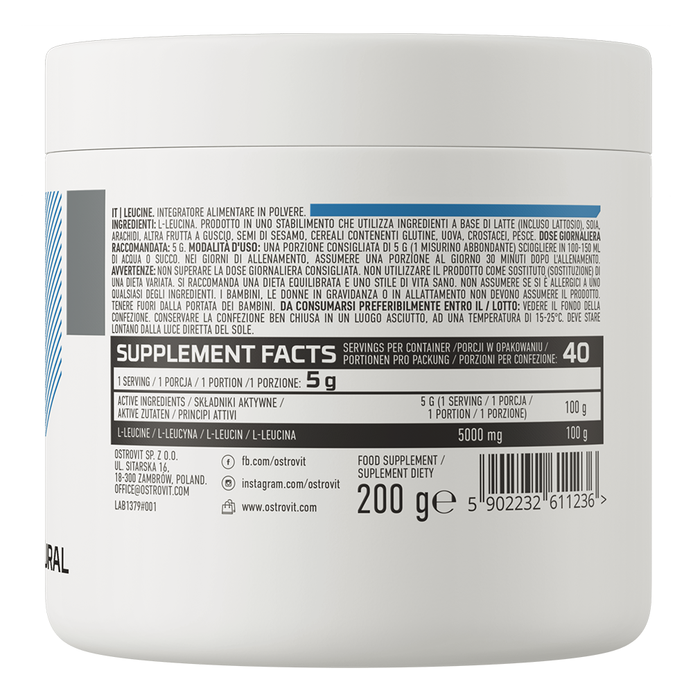 Leucine – 200 g poeder, 5 g per portie, Zonder toevoegingen | OstroVit