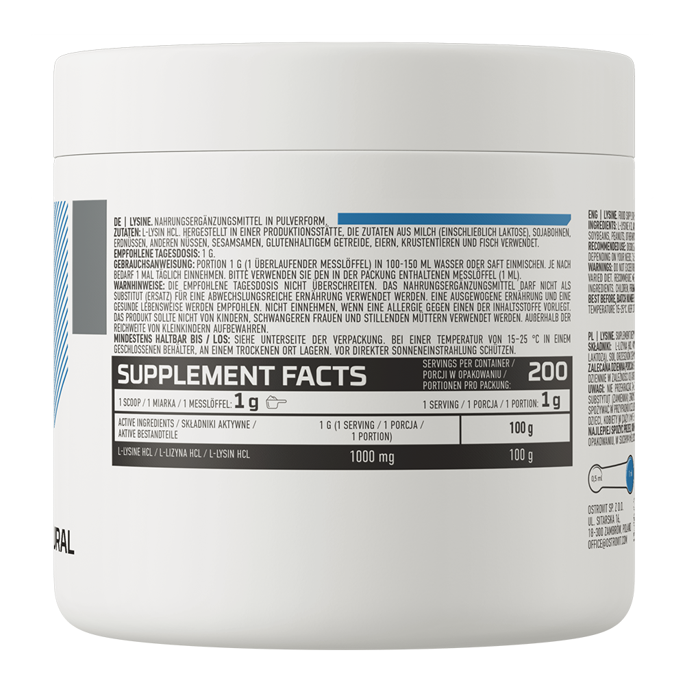 Lysine 200 g – 200 porties, 100% L‑lysine HCl (vegan) | OstroVit