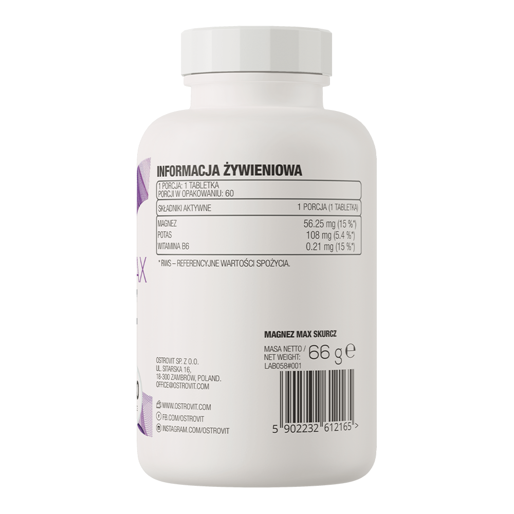 Magnesium Max Cramp – 60 tabletten, Magnesium, Kalium & B6 | OstroVit