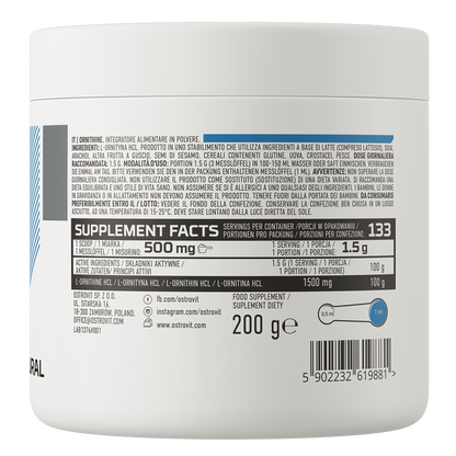Ornithin | L-Ornithin | Pulver | 200 g | 133 portioner | Supreme Pure Natural | OstroVit