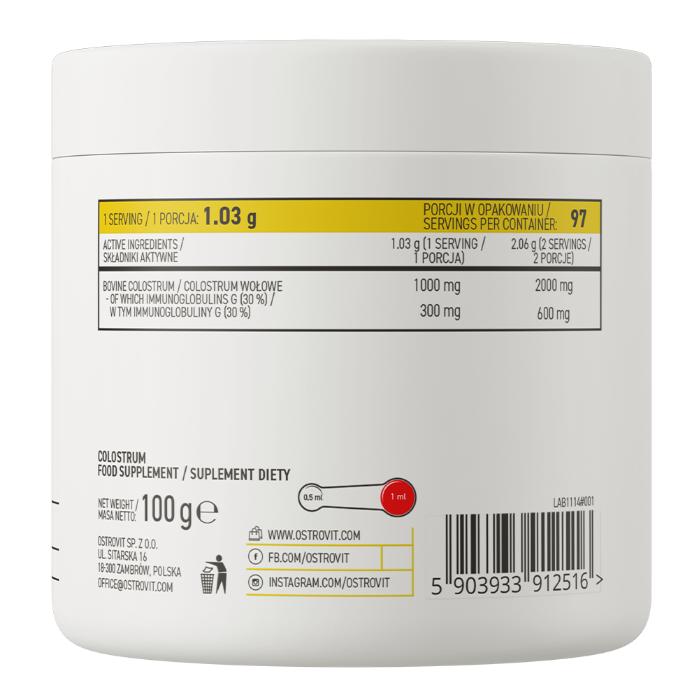 Colostrum 100 g – Romige Aardbei, 30% IgG, 100 porties | OstroVit Pharma
