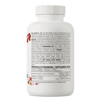 Vitamin D3 + K2 – 90 tabletten, 2000 IE D3 & 100 µg K2 (MK‑7) | OstroVit